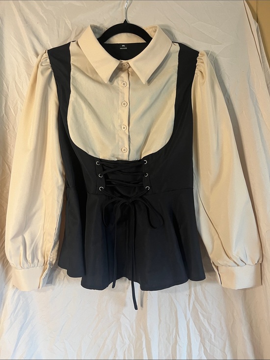Source Unknown Tops - Source Unknown Cream Button-Down Blouse with Black Lace-Up Bodice Overlay